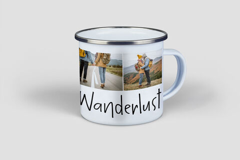 Tazza vintage con bordo cromato e stampa personalizzata con foto di amiche e la scritta "Wanderlust"