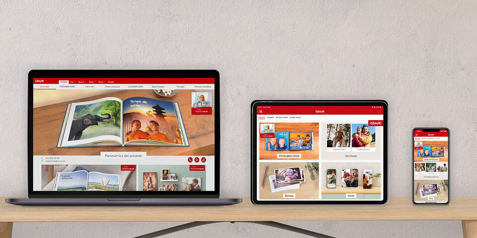 L'editor online CEWE mostra un'anteprima del fotolibro su laptop, tablet e smartphone.