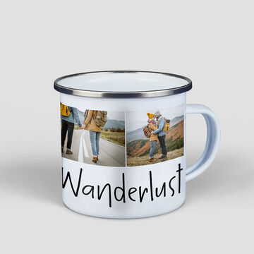Tazza vintage con bordo cromato e stampa personalizzata con foto di amiche e la scritta "Wanderlust"