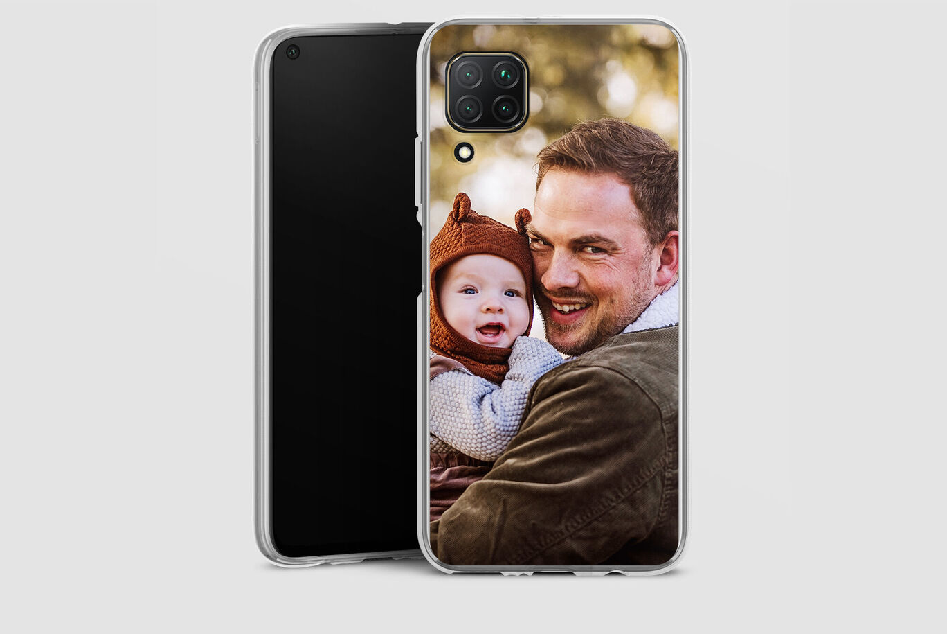 Cover personalizzata con la foto di un papà abbracciato al suo bambino per smartphone Huawei