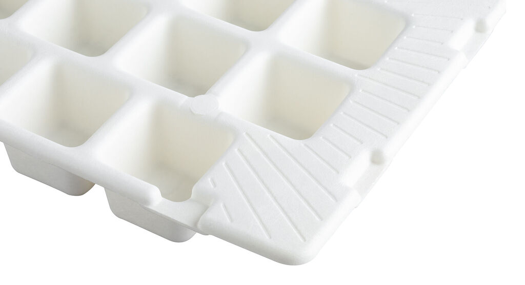 Detailaufnahme einer weißen Eiswürfelschale mit runden Vertiefungen